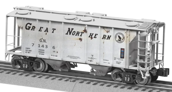 Lionel O PS-2 2-Bay Covered Hopper - 3-Rail - Ready to Run -- Great Northern #71436 (Weathered, gray, black, Small Rocky Logo)