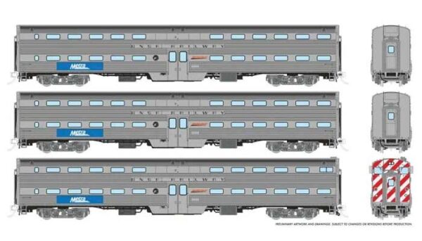 Budd Gallery Bi-Level Commuter Cab Coach & 2 Coach Set - Ready to Run -- Metra - BNSF Set #2 (Cab #808 Coaches #750, 777, BNSF Railway Lettering)