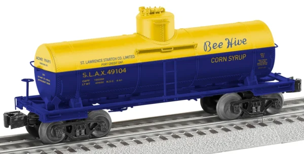 Lionel O 8,000-Gallon Tank Car - 3-Rail - Ready to Run -- St. Lawrence Starch SLAX #49104 (blue, yellow)