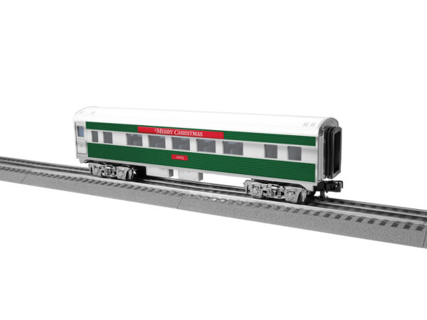 Lionel O 13" Streamlined Coach - Lighted - Ready to Run - 3-Rail -- Christmas #12023 (silver, green, red)