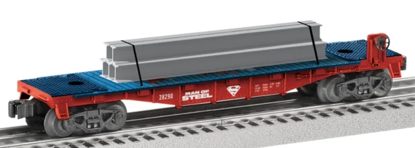 Lionel O Flatcar with Steel Beam Load- 3-Rail - Ready to Run -- Superman Steel #28290 (red, blue)